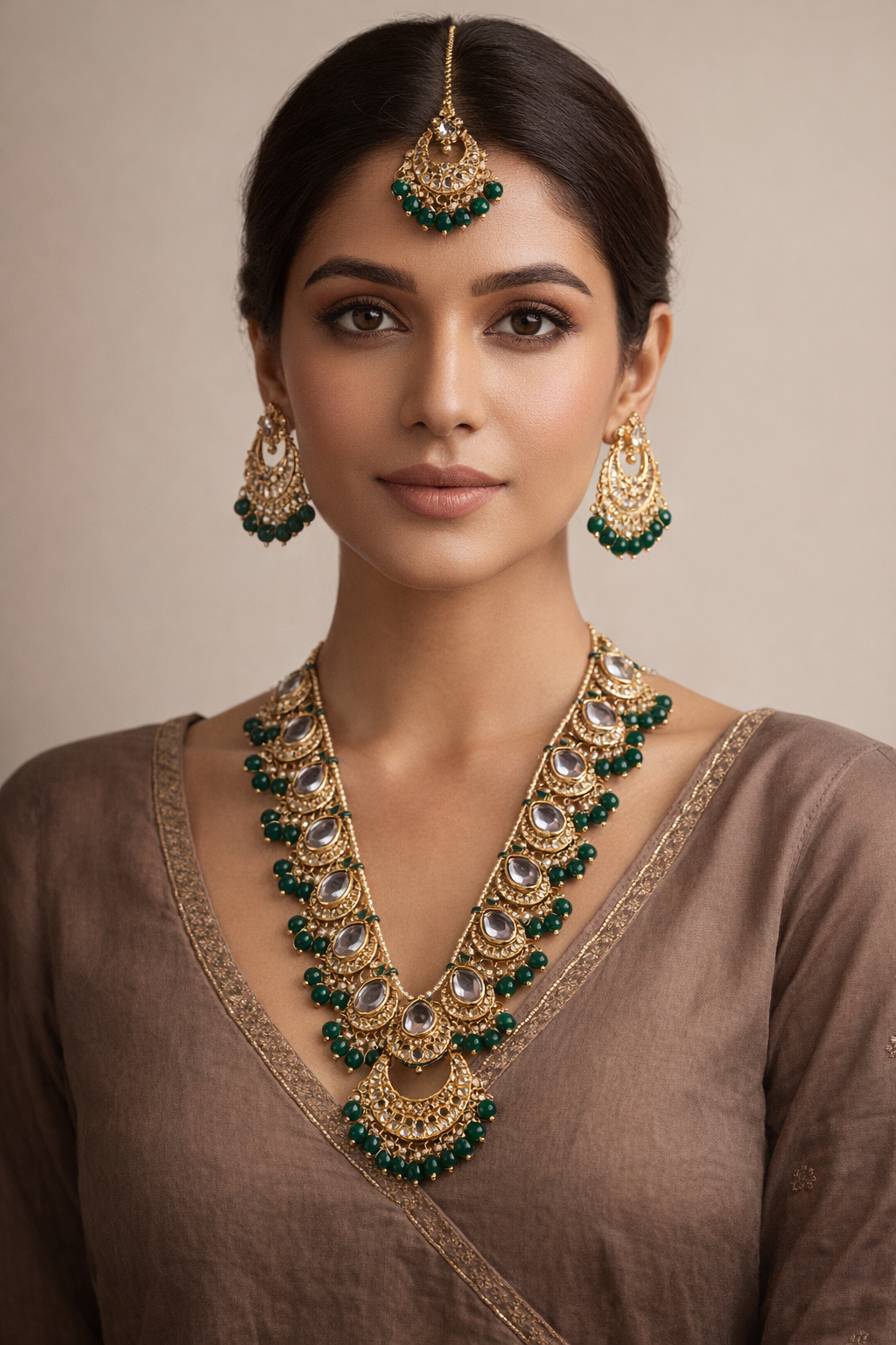 green- long - kundan- necklace