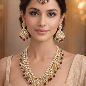 Multicolor Kundan Necklace Set with Maang Tikka & Statement Earrings