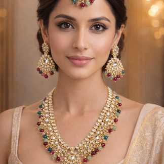 Multicolor Kundan Necklace Set with Maang Tikka & Statement Earrings