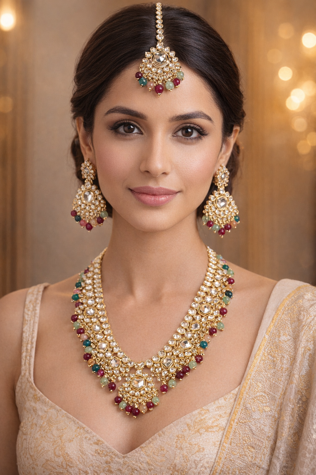 Multicolor Kundan Necklace Set with Maang Tikka & Statement Earrings
