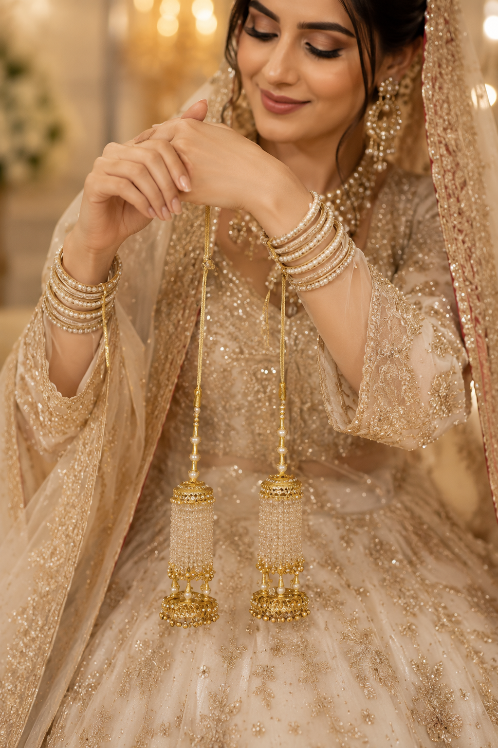 Traditional Pearl Kaleera for Brides – Gold & Ivory Wedding Kaleera Pair