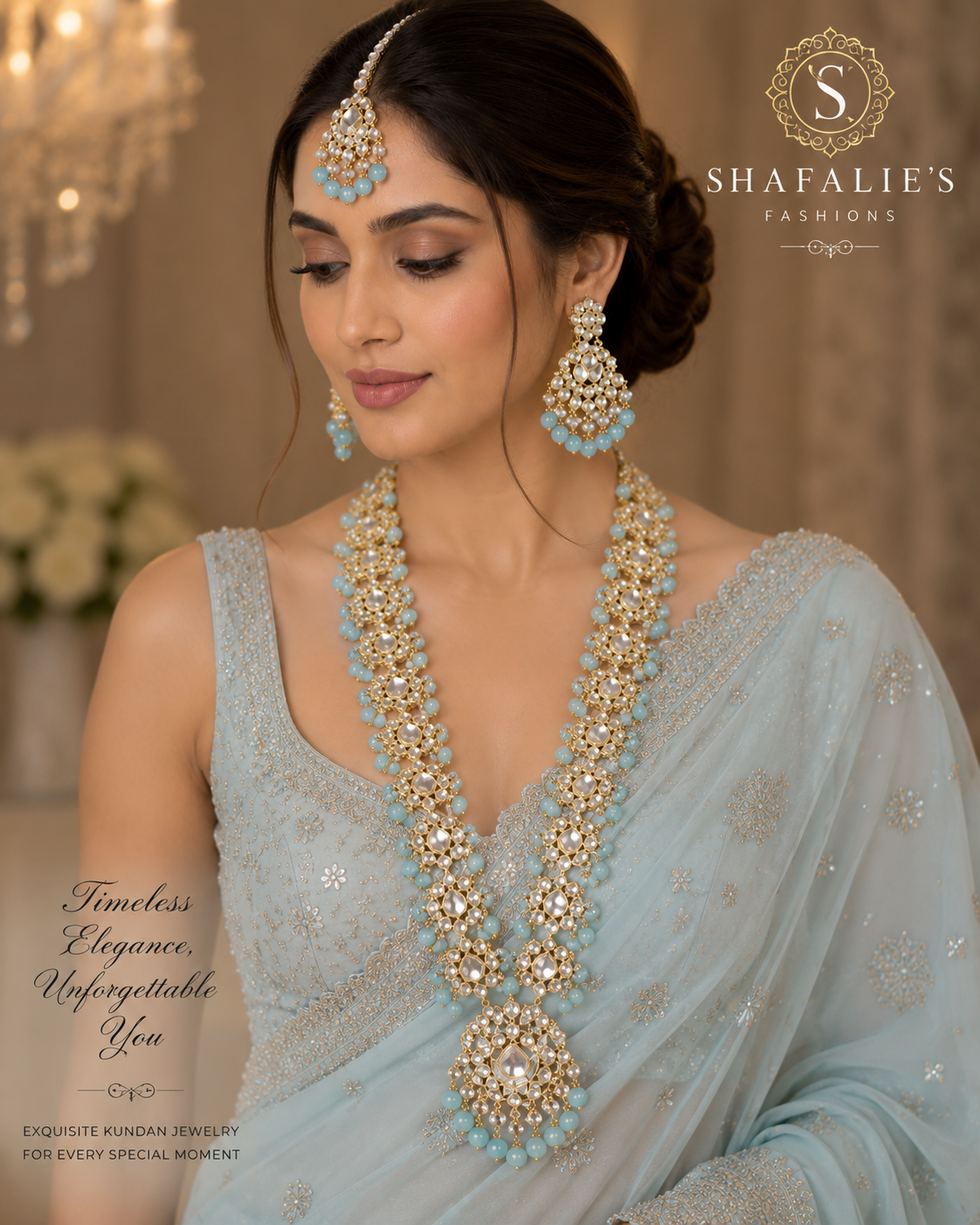 Robin Blue Kundan Necklace Set with Maang Tikka & Statement Earrings