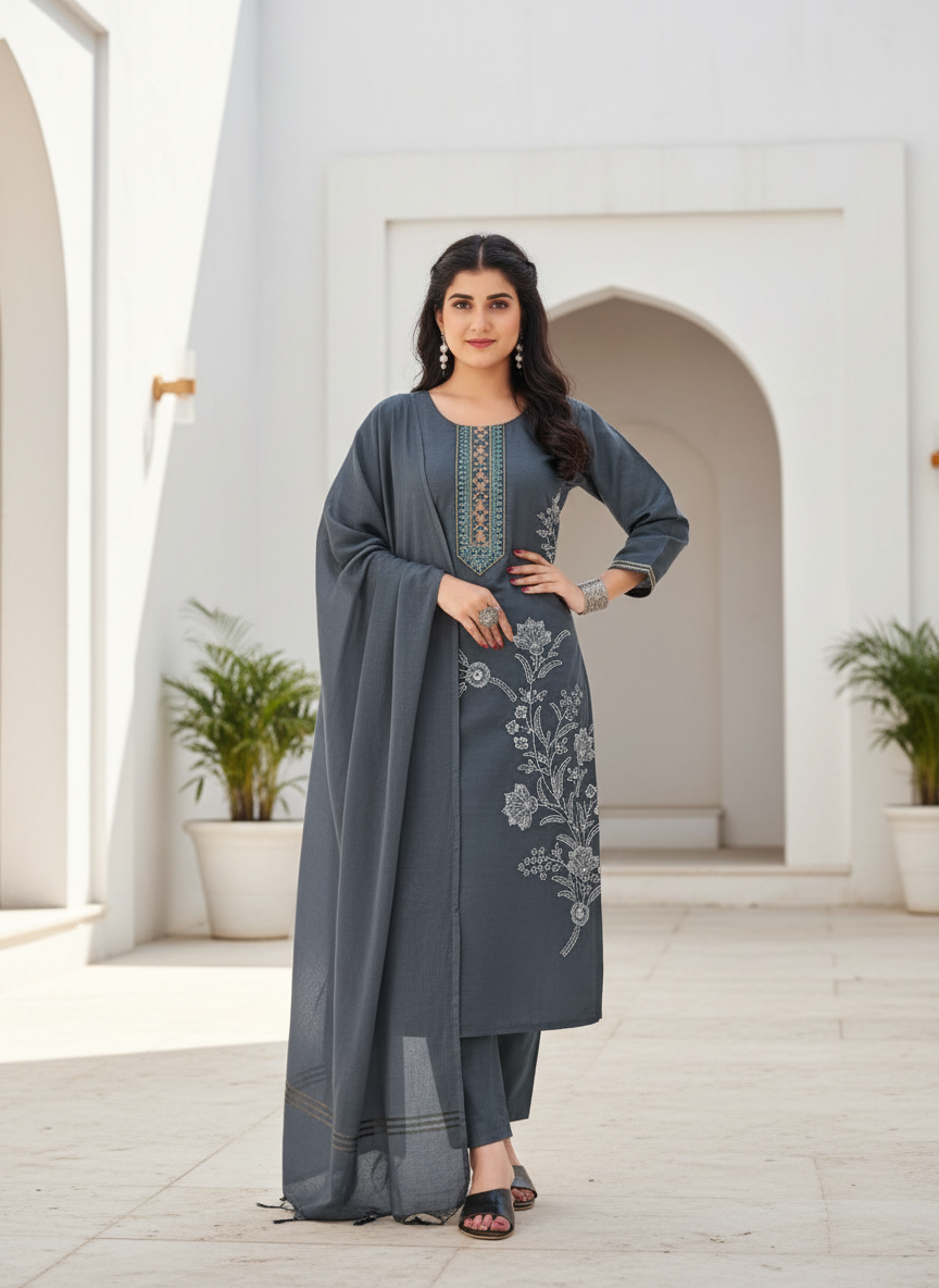 gray-silk-kurti-set