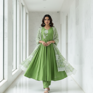 green-cotton-kurti-set