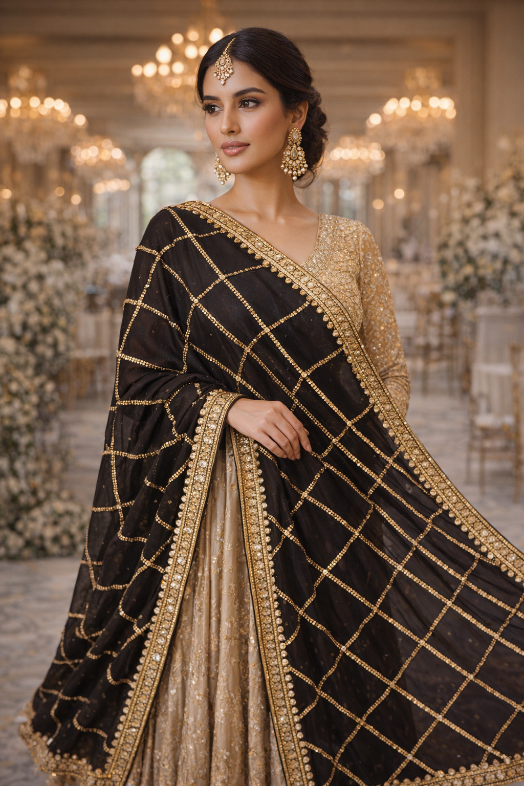 Black Vintage Sequence Work Dupatta