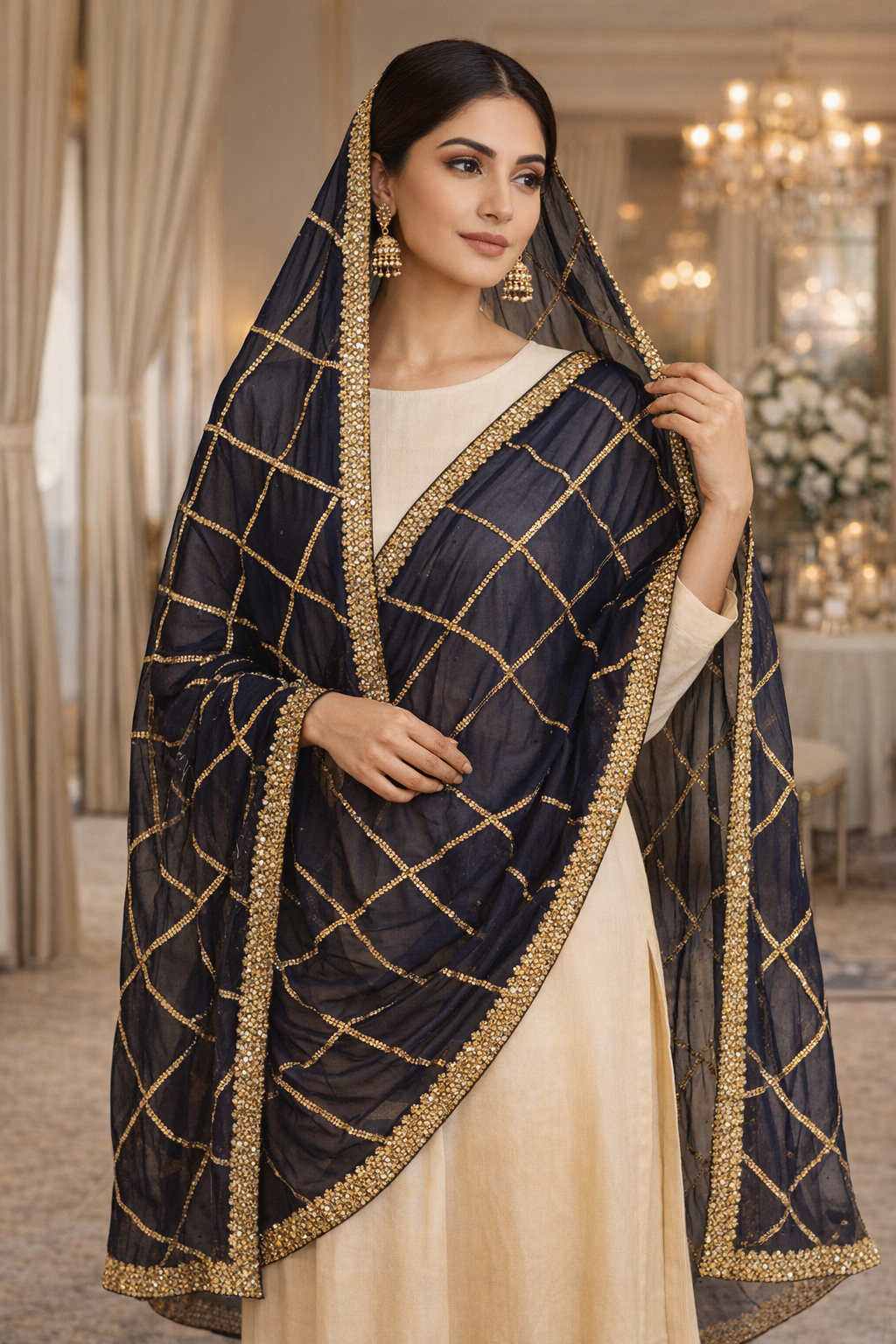 Navy Vintage Sequence Work Dupatta