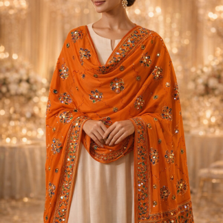 Orange Mirror Work Cotton Dupatta