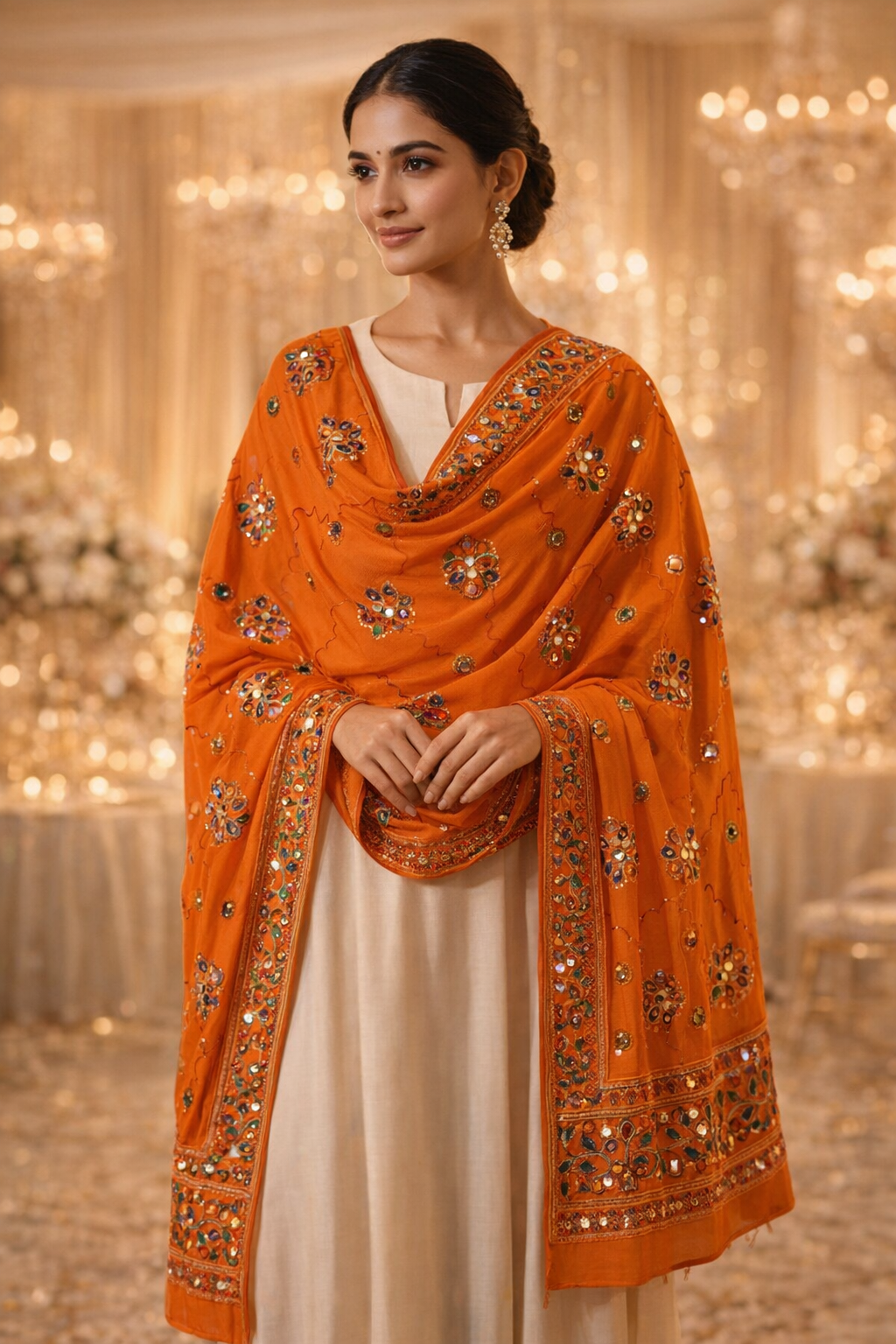 Orange Mirror Work Cotton Dupatta