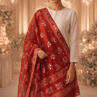 Red Mirror Work Cotton Dupatta Set
