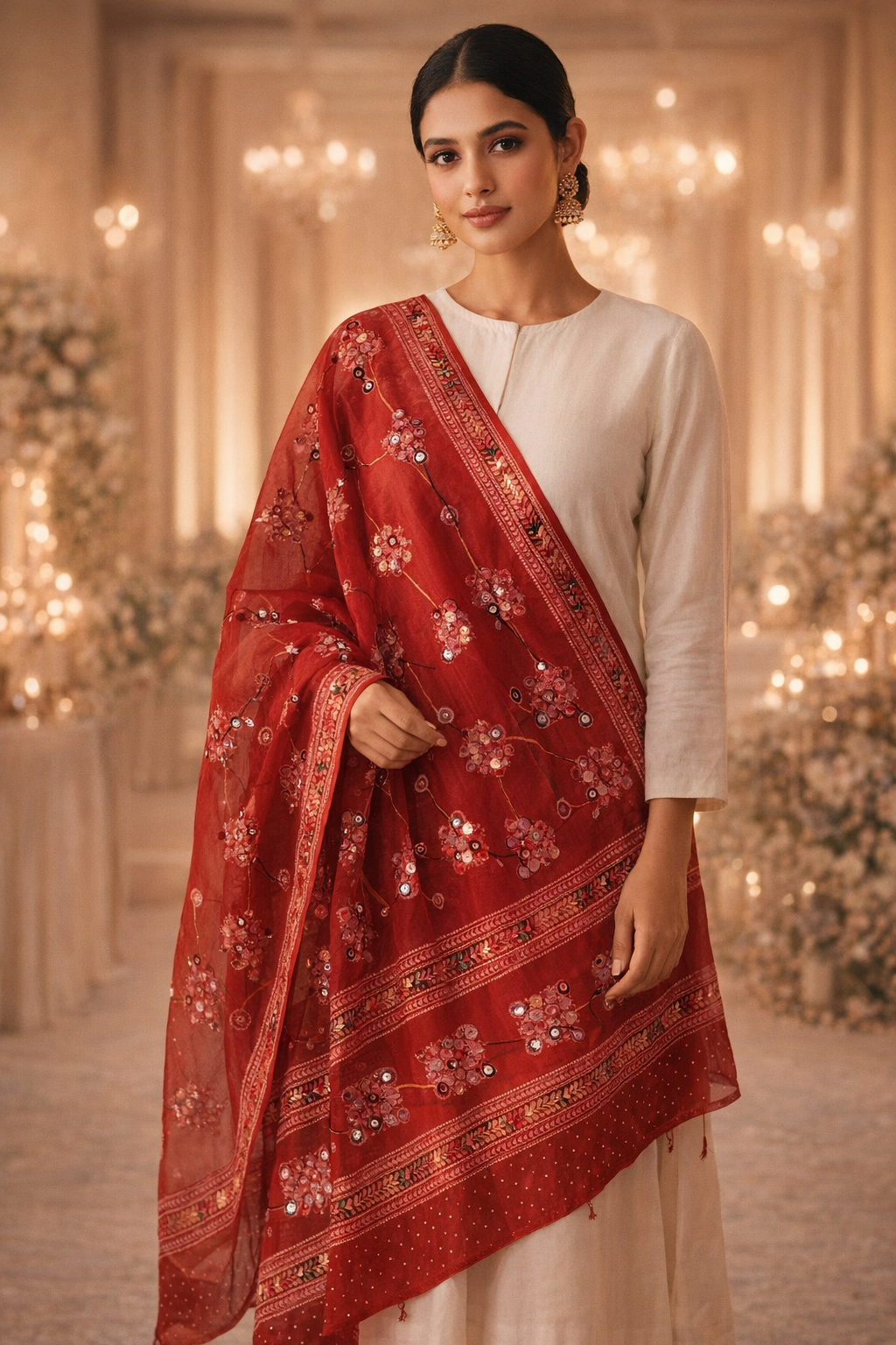 Red Mirror Work Cotton Dupatta Set