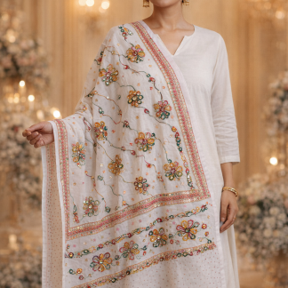 White Mirror Work Cotton Dupatta Set