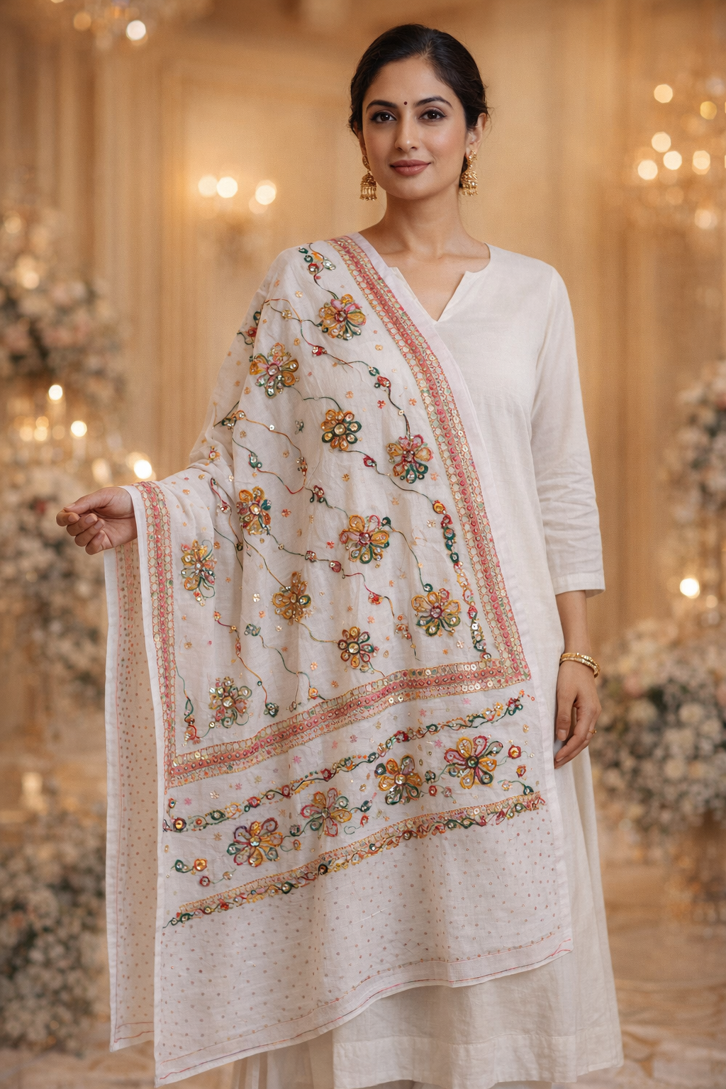 White Mirror Work Cotton Dupatta Set