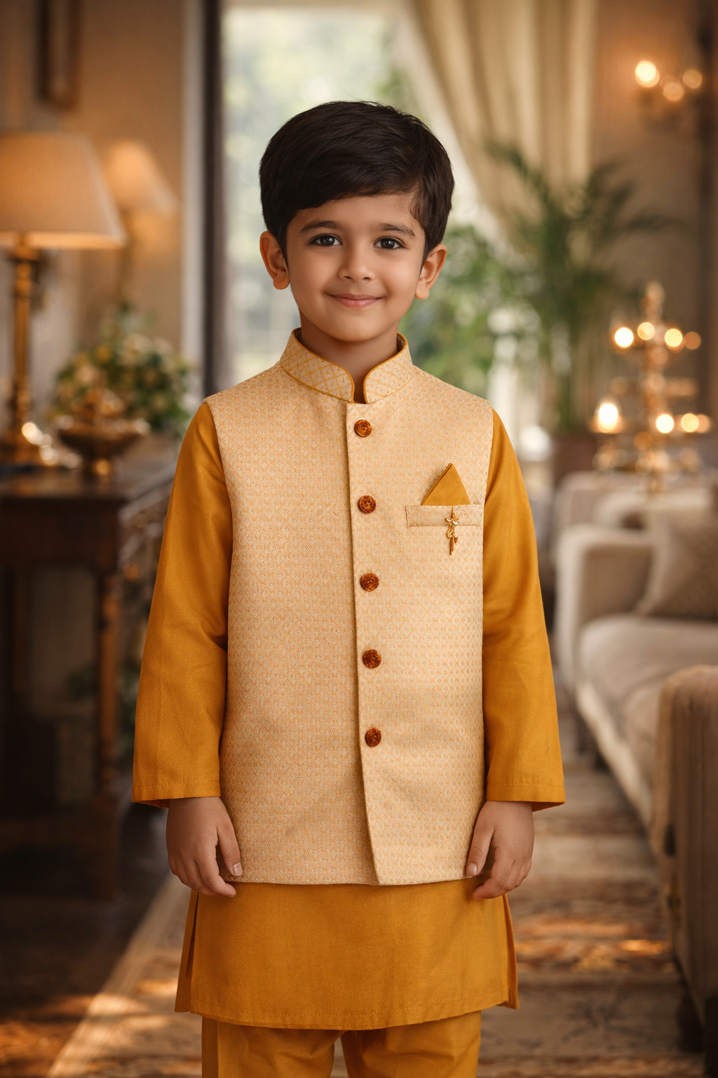 Kids Gold and Mustard Modi Vest Kurta