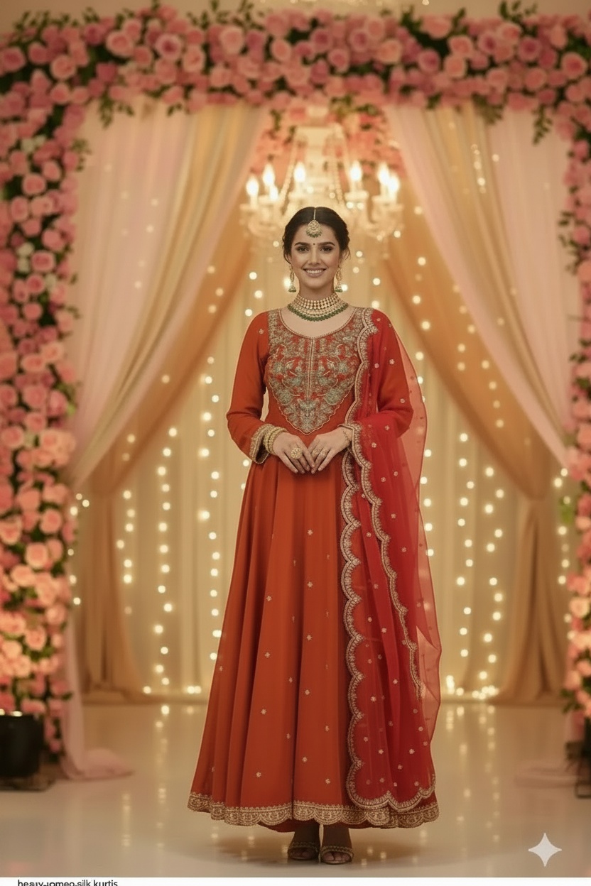 Heavy Silk Anarkali Suit Set with Dupatta Zari Embroidery Wedding & Festive Wear Multiple Colors