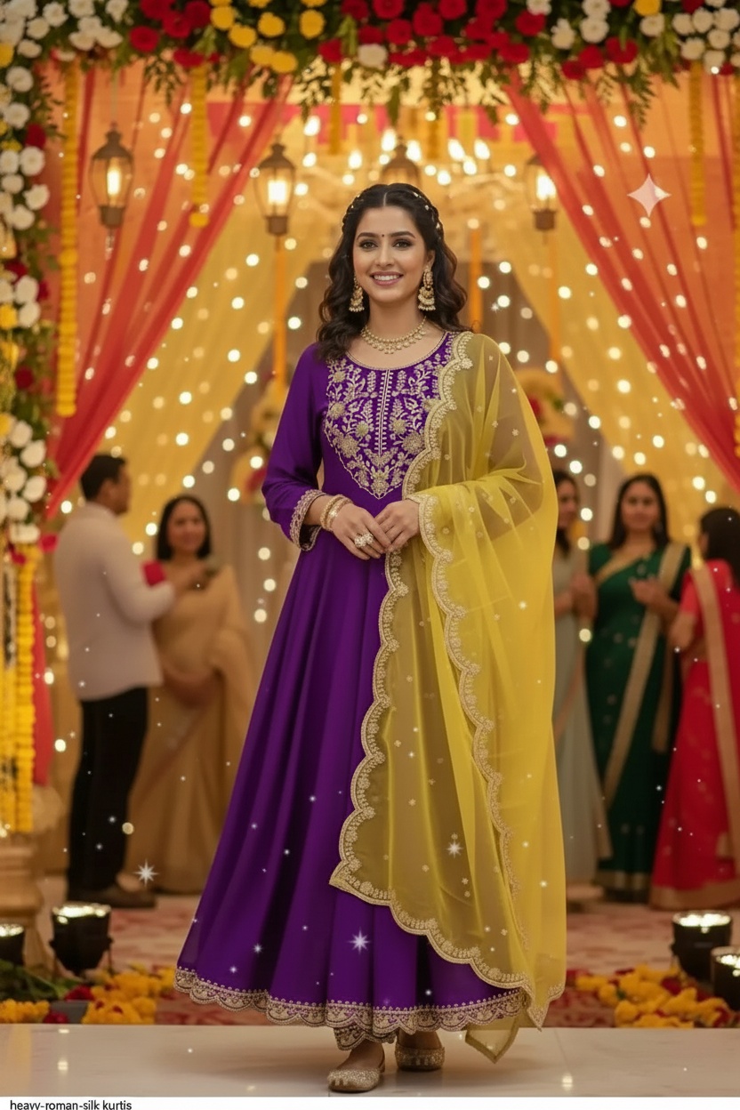 Heavy Silk Anarkali Suit Set with Dupatta Zari Embroidery Wedding & Festive Wear Multiple Colors