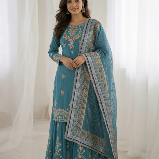 Teal Embroidered Pakistani Sharara Suit with Dupatta Wedding & Eid Wear