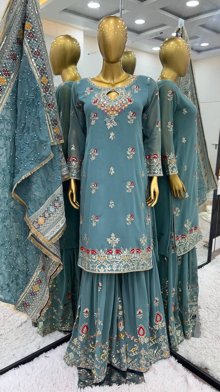 Teal Embroidered Pakistani Sharara Suit with Dupatta | Wedding & Eid Wear