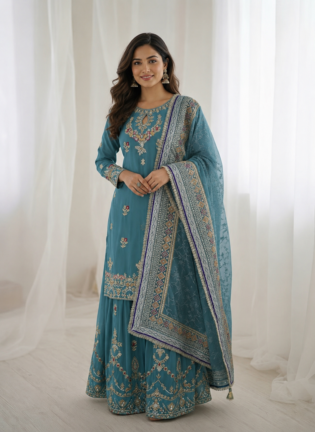 Teal Embroidered Pakistani Sharara Suit with Dupatta Wedding & Eid Wear