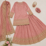 Elegant pink lehenga ensemble with gold embroidery