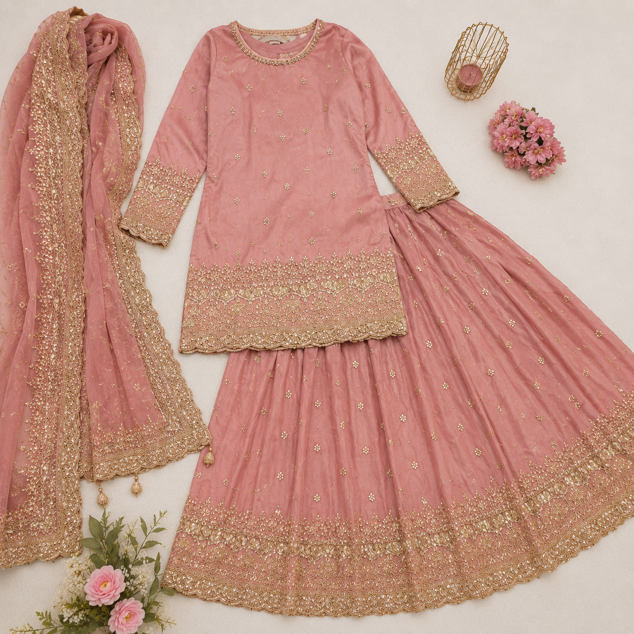 Elegant pink lehenga ensemble with gold embroidery