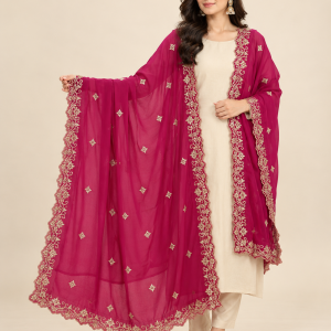 Magenta Embroidered Dupatta with Gold Floral Border
