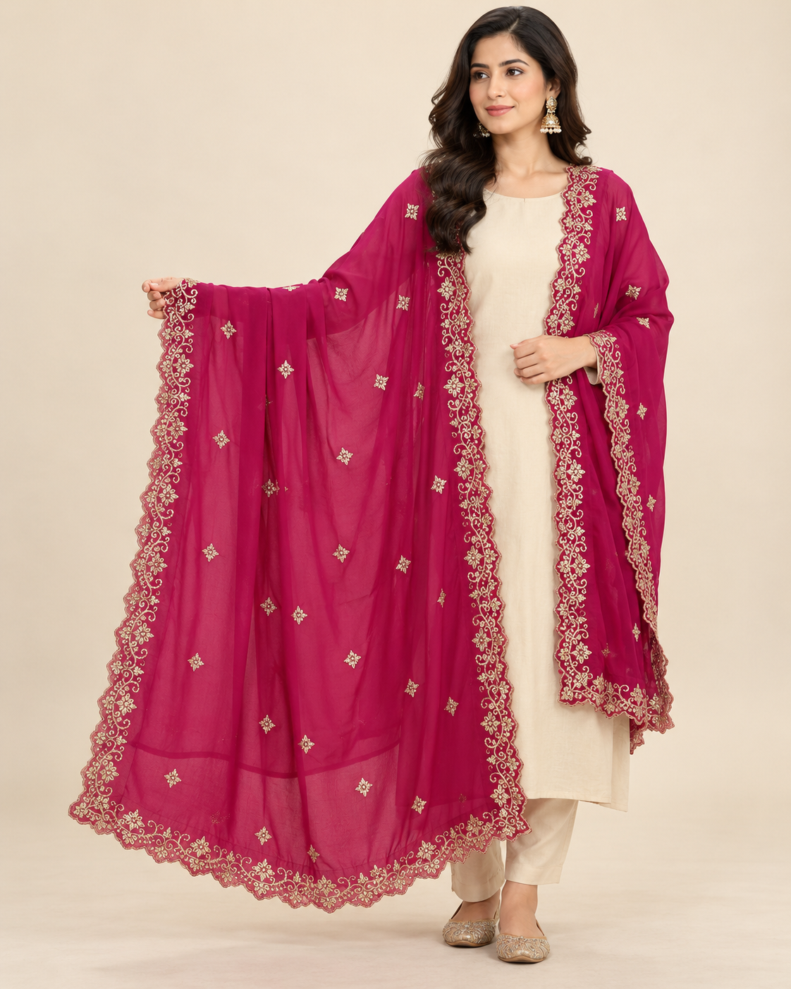 Magenta Embroidered Dupatta with Gold Floral Border