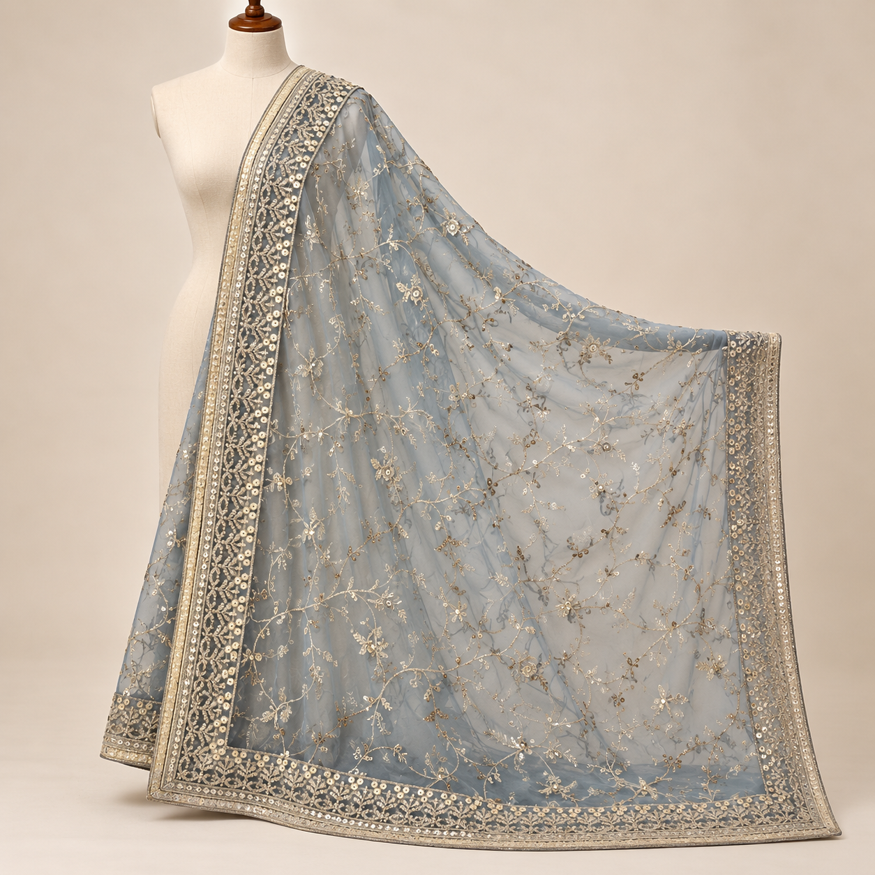 Embroidered Blue Saree Draped on Mannequin