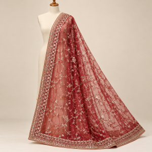 burgundy bridal net dupatta
