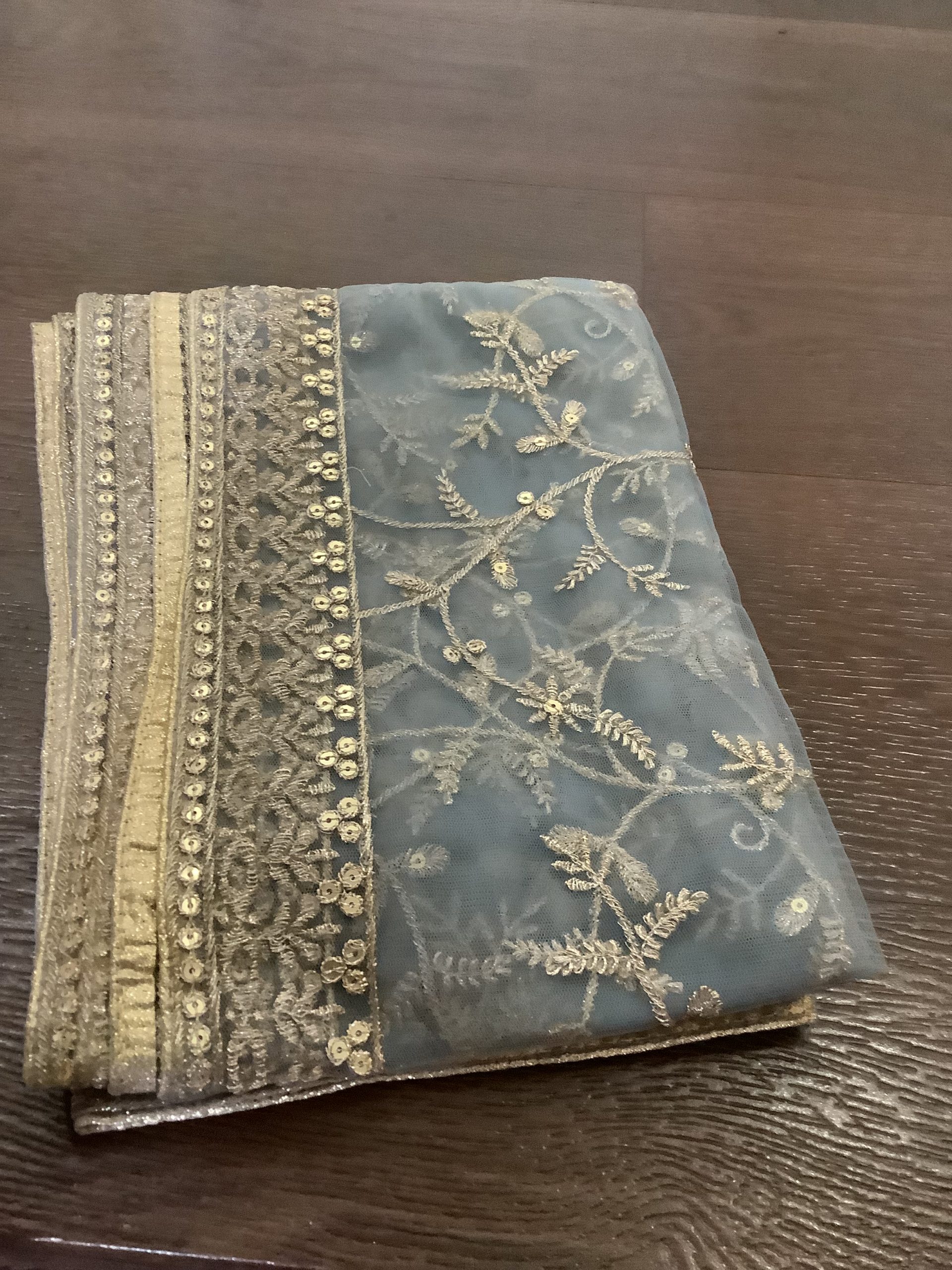 Dusty Blue Net Dupatta with Elegant Gold Embroidery - Image 2