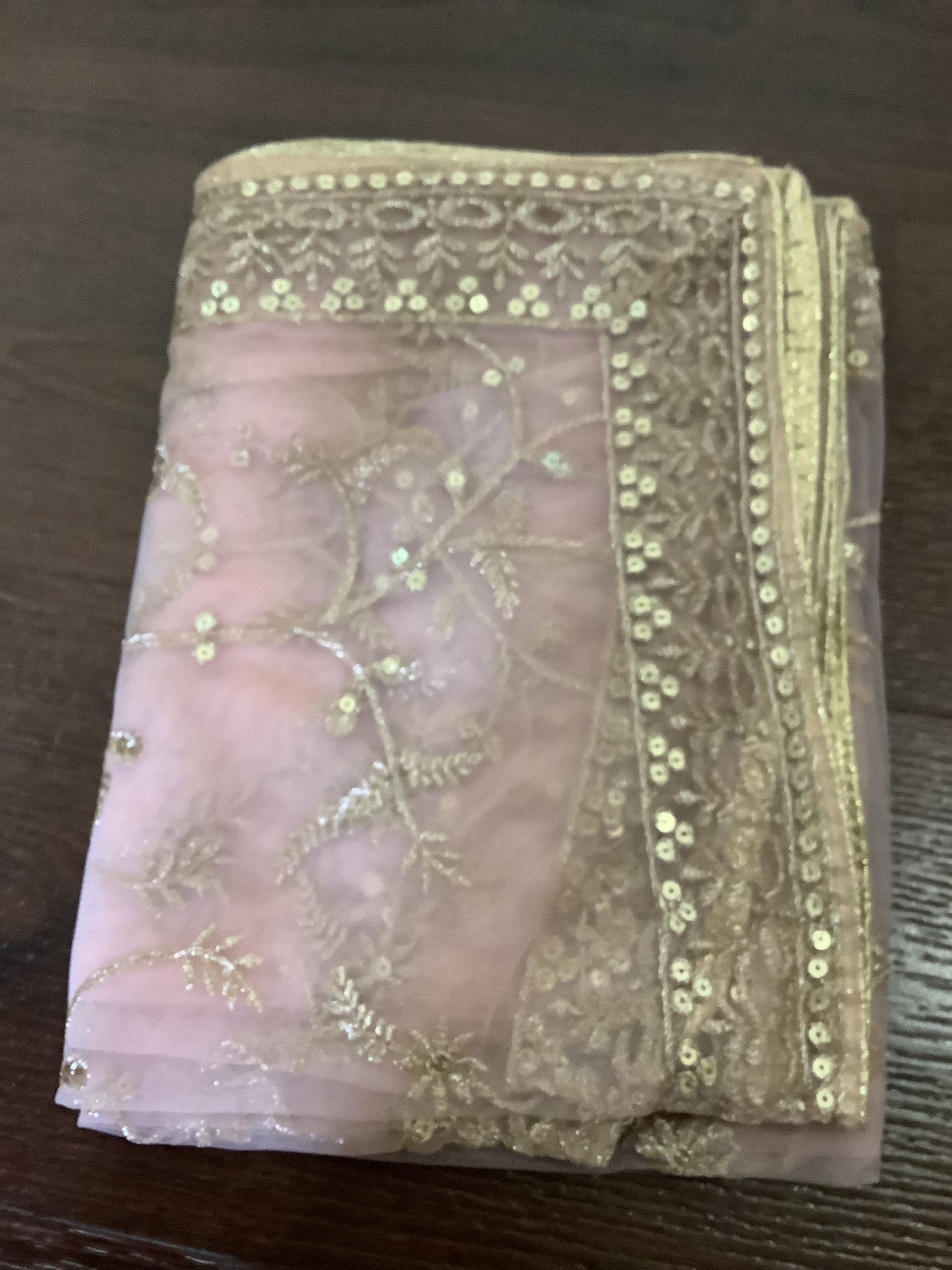 Pale Pink Net Dupatta with Gold Floral Embroidery - Image 2