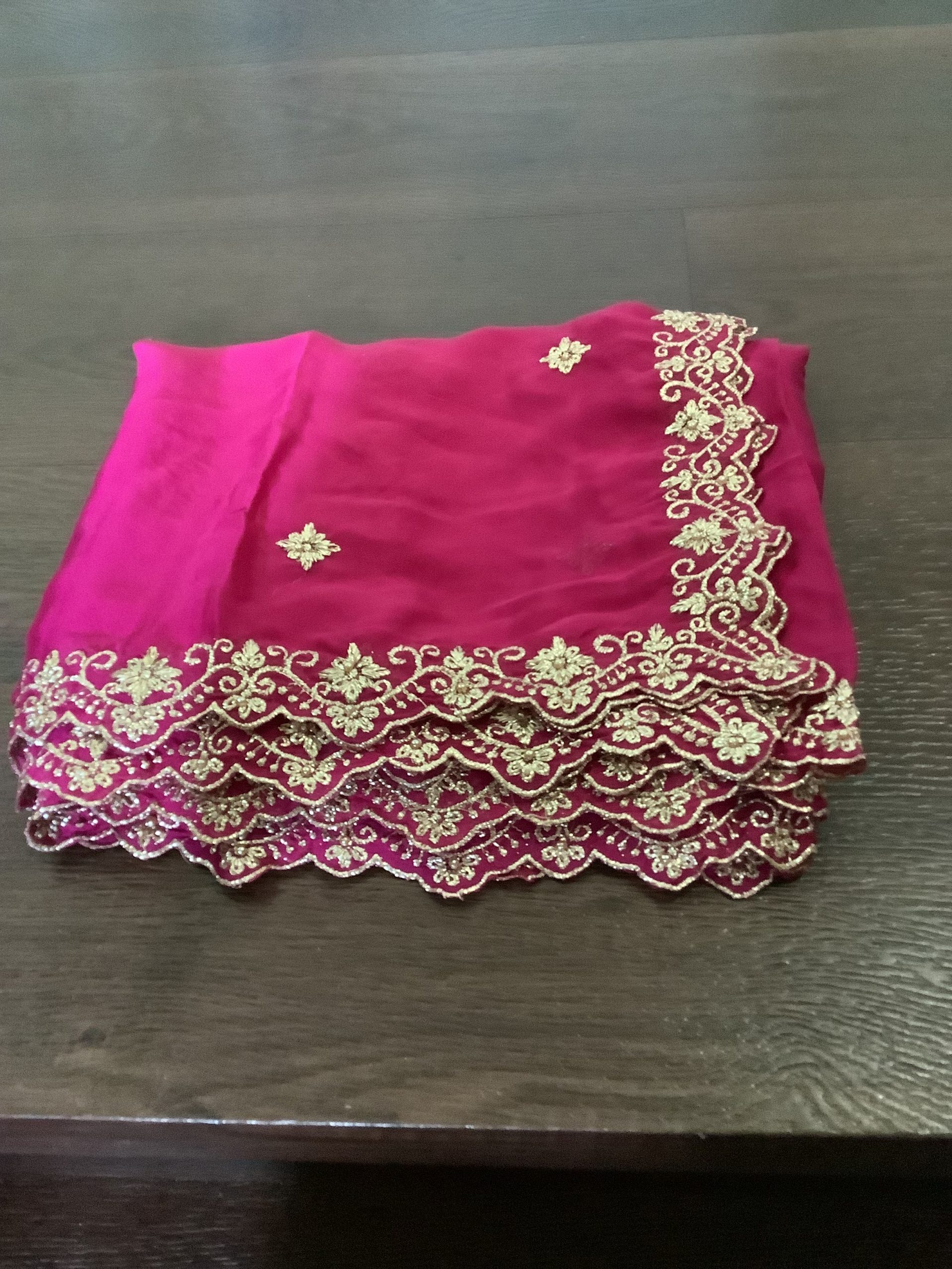 Magenta Embroidered Dupatta with Gold Floral Border - Image 2