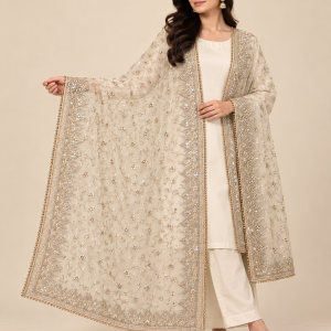 Premium Gold Embellished Net Dupatta with Beaded Border