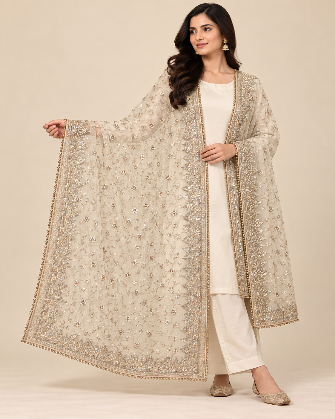 Premium Gold Embellished Net Dupatta with Beaded Border
