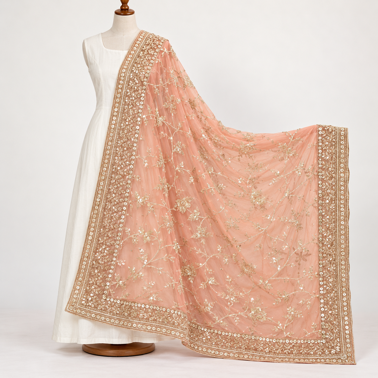 Peach Pink Gold Sequin Net Dupatta - Fabric Detail