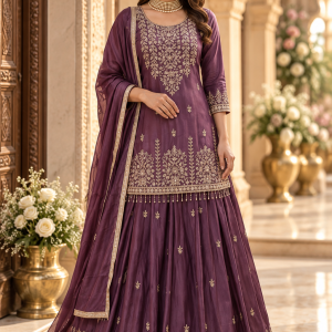 Plum Embroidered Lehenga in Palace Courtyard