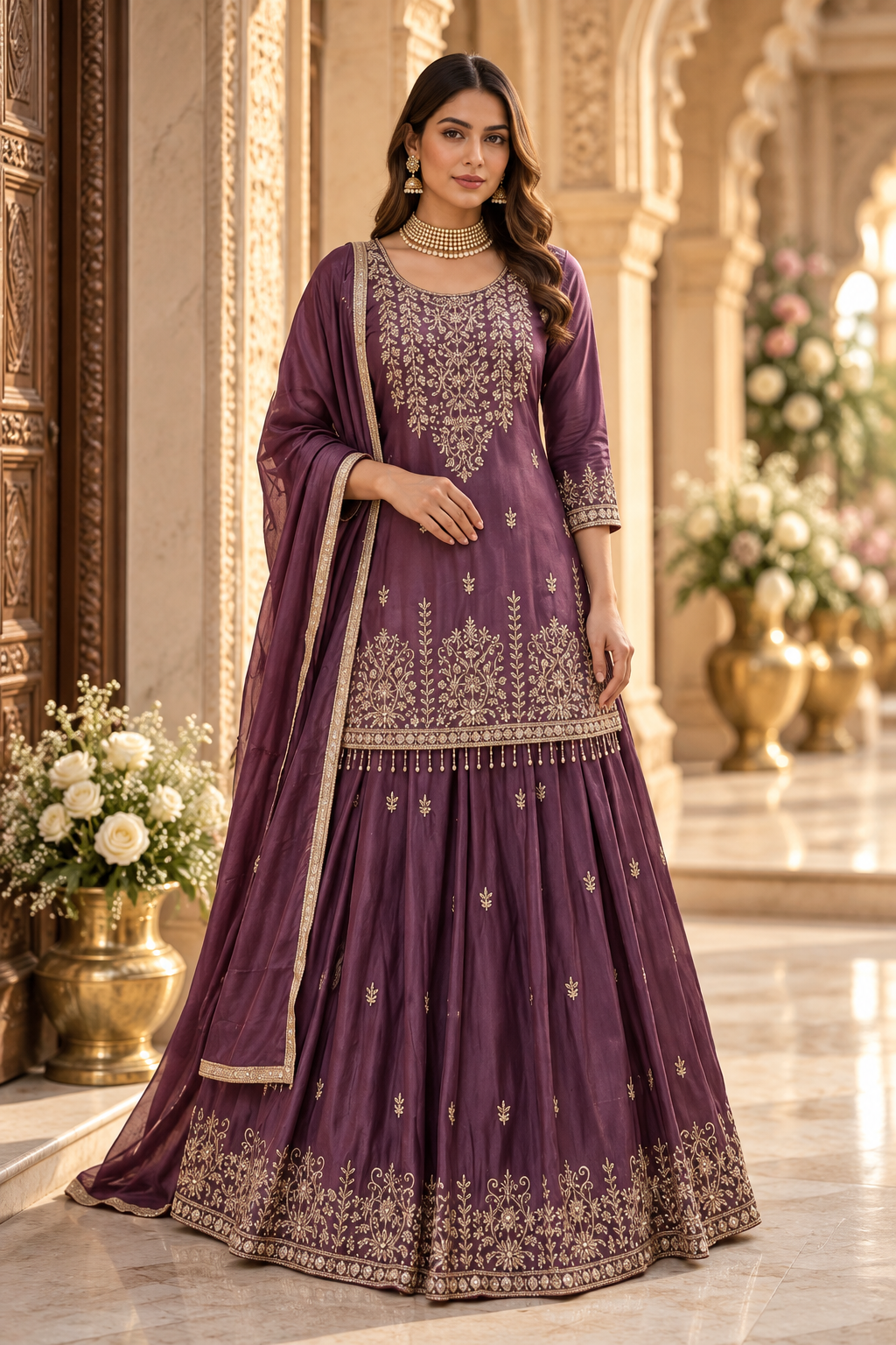 Plum Embroidered Lehenga in Palace Courtyard