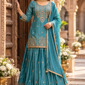 Teal blue silk blend lehenga with gold embroidery and matching dupatta